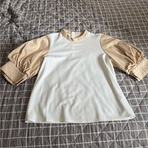 CROSBY by Mollie Burch White and Tan Puff Sleeve Blouse